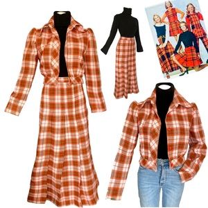 Vintage Orange Plaid Skirt Set